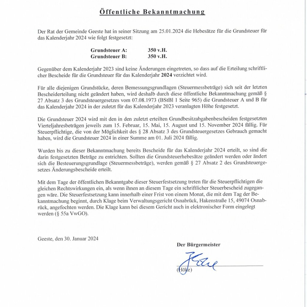 Bekanntmachung Hebesätze für die Grundsteuer 2024