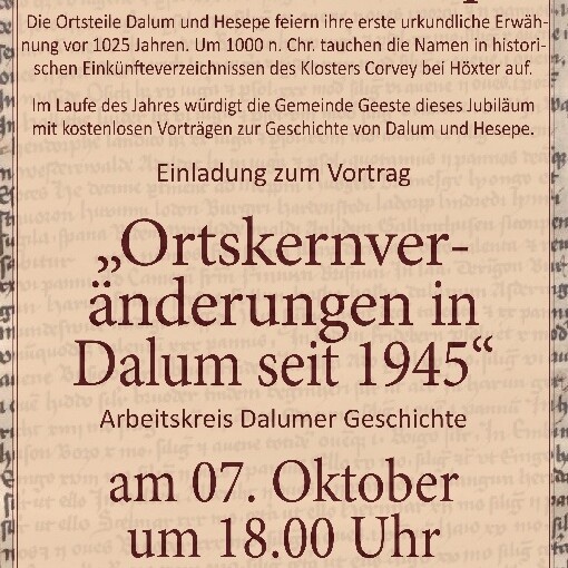 Anzeige zum Vortrag Ortskernveränderungen Dalum - 1025 Jahre Dalum