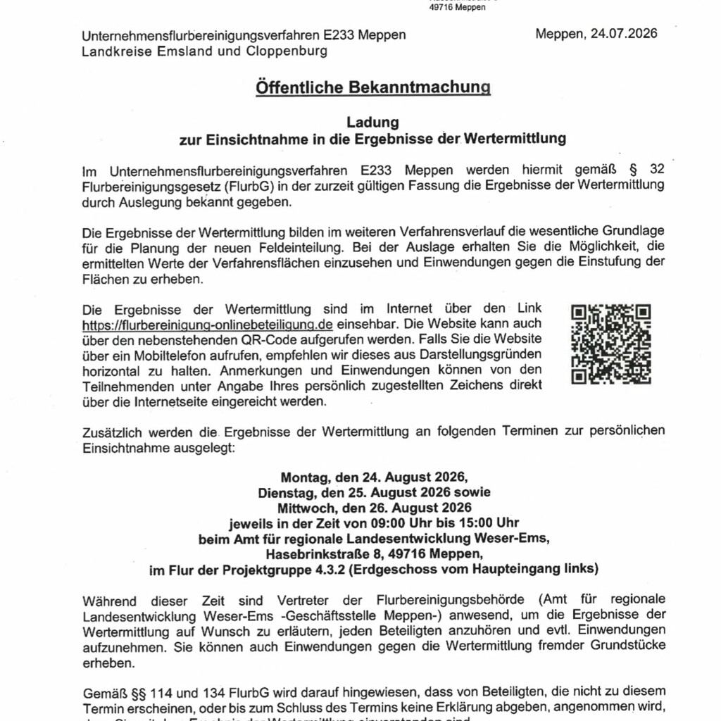 ArL Bekanntmachung_Flurbereinigung E233 Meppen_Ladung zur Einsichtnahme in die Ergebnisse der Wertermittlung 1