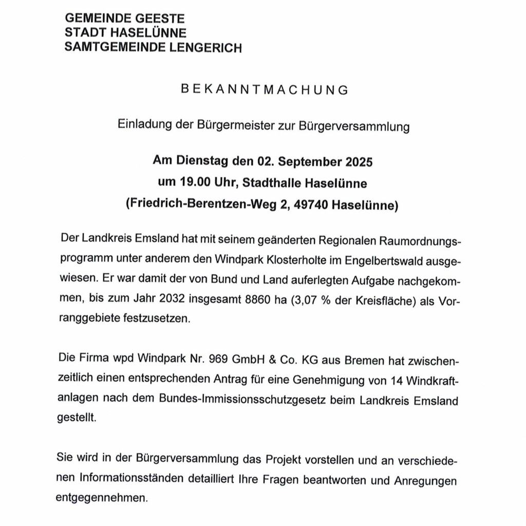 Öffentliche Bekanntmachung 02.09.2025 Bürgerversammlung Windpark in Haselünne