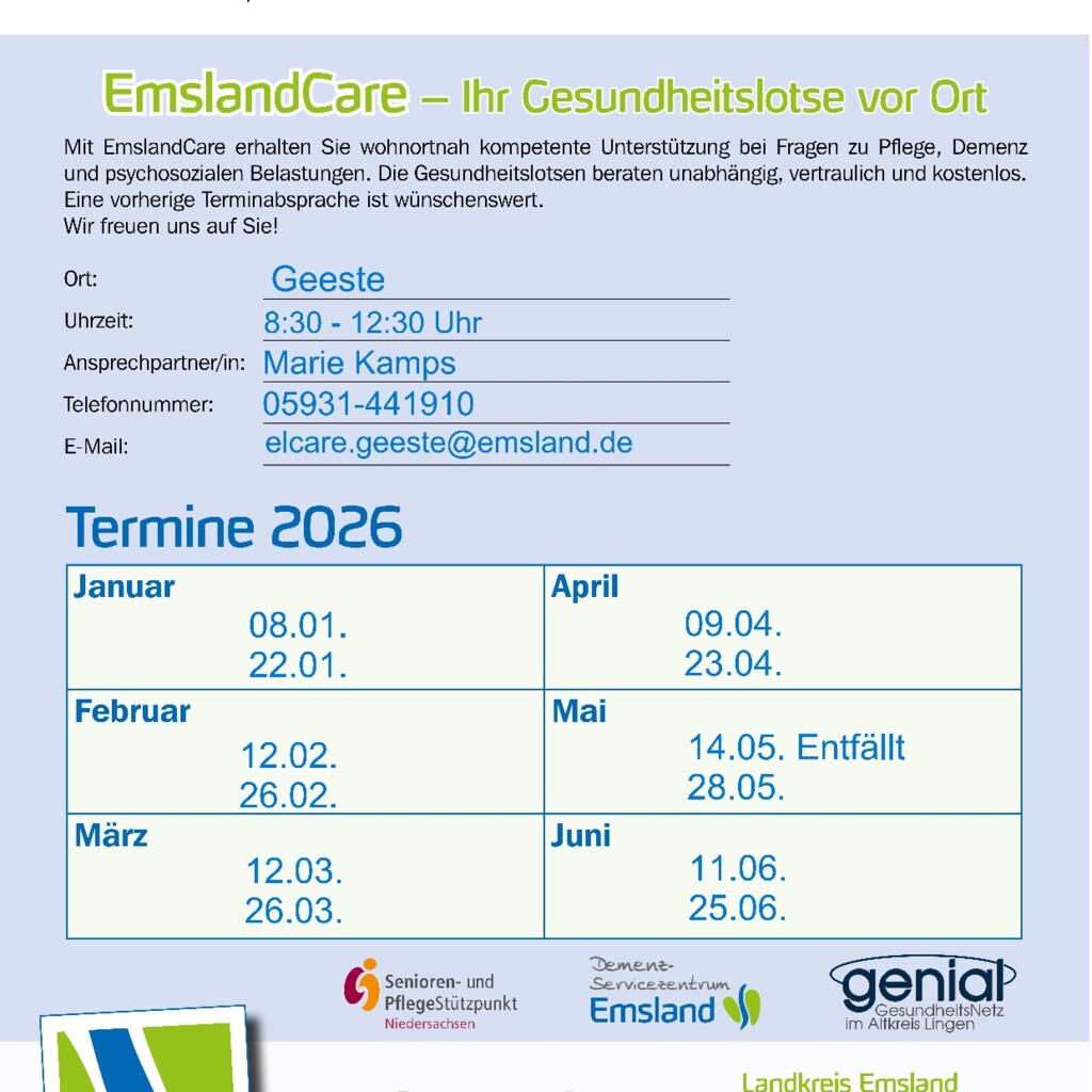 Beratungstermine Pflegestützpunkt bis Juni 2026 Geeste