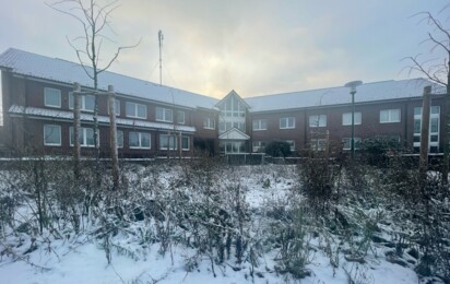 Rathaus im Januar - Ansicht vom Rathausplatz - Beet mit Schnee - qf
