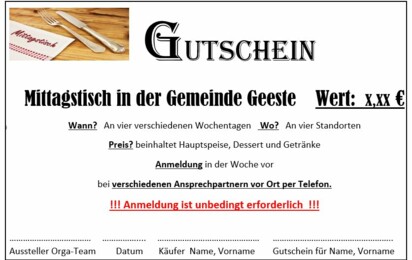 Gutschein Mittagstisch Geschenk gesellig Essen Freiwilligenagentur Geeste