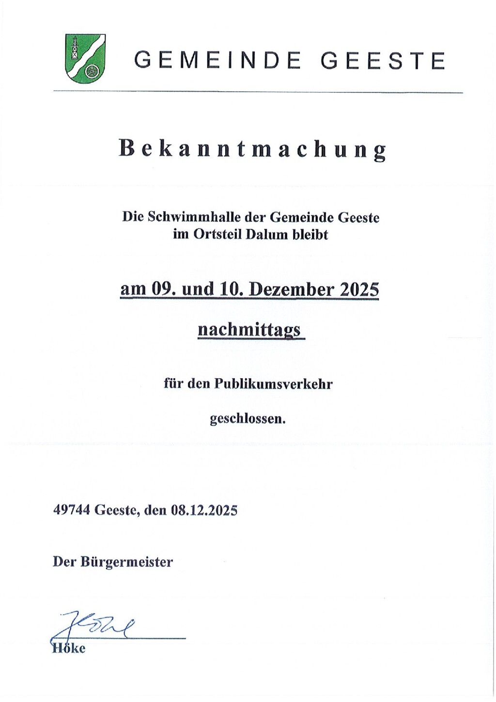 Schwimmhalle geschlossen am 09 & 10-12-2025