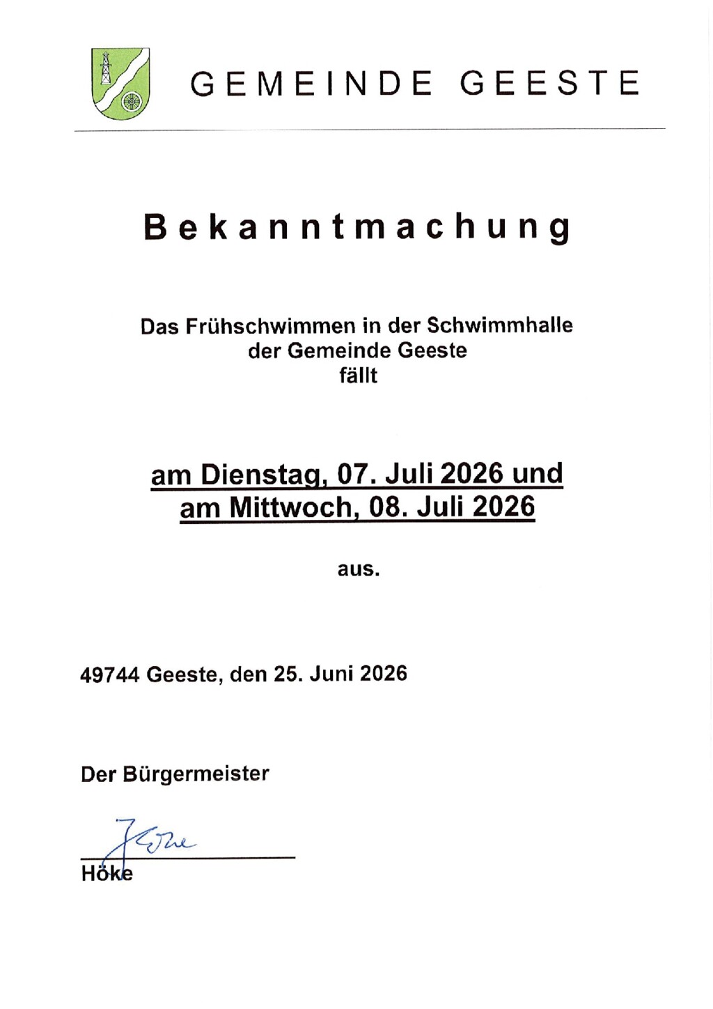 Frühschwimmen entfällt 07-07 & 08-07 - Gemeinde Geeste