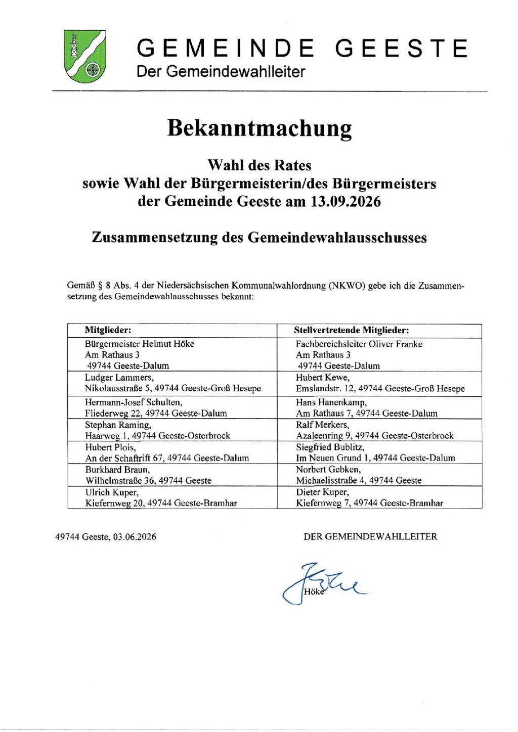 Zusammensetzung Gemeindewahlausschuss Bgm u Gemeinderatswahl 2026 Bekanntmachung