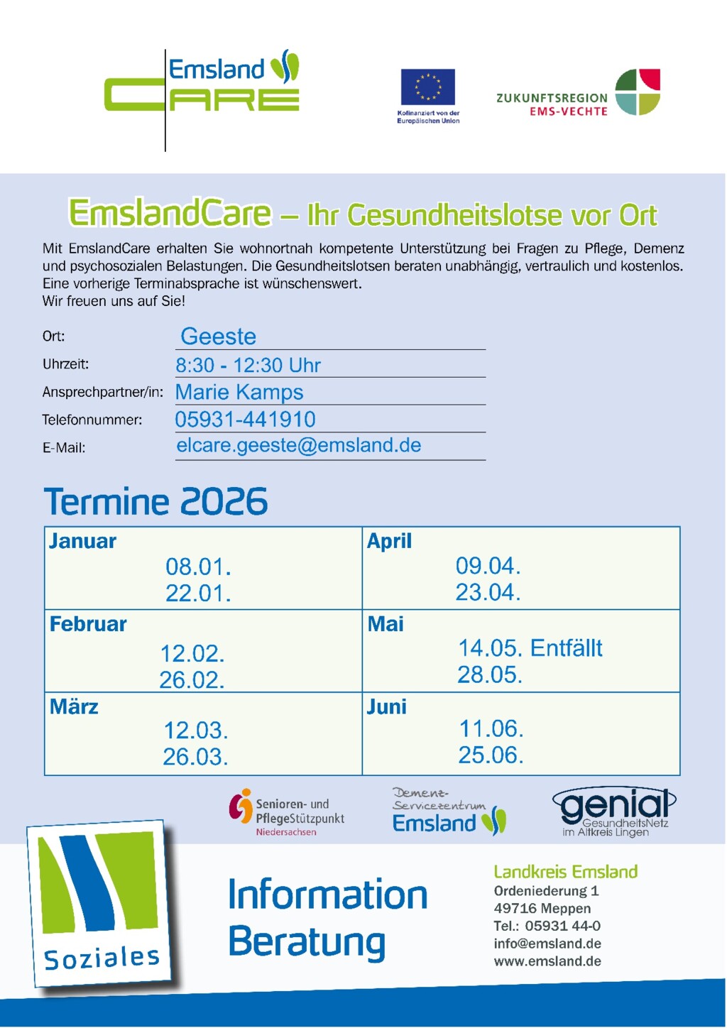 Beratungstermine Pflegestützpunkt bis Juni 2026 Geeste